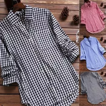 Женская повседневная свободная клетчатая рубашка с длинными рукавами и карманами в винтажную клетку с лацканами L чёрный