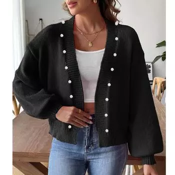 Женская повседневная свободная куртка с жемчужными бусинами-гвоздиками, кардиган, куртка и свитер-кардиган L чёрный