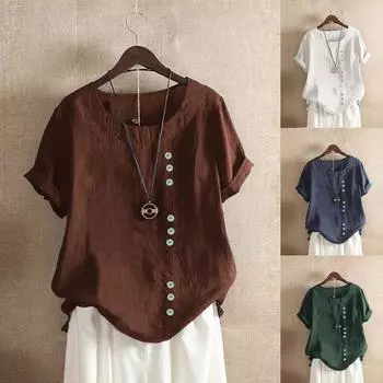 Женская повседневная свободная льняная футболка на пуговицах больших размеров, повседневная футболка в стиле бохо, блузка, топы XXXL коричневый
