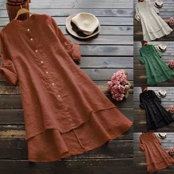 Женская повседневная свободная льняная рубашка с длинными рукавами и пуговицами, блузка, топы XXL кофейный