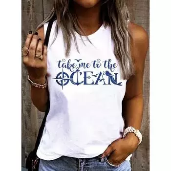 Женская повседневная свободная летняя футболка, футболка без рукавов с круглым вырезом и принтом в виде букв, большого размера S