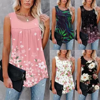 Женская повседневная свободная майка больших размеров с цветочным принтом без рукавов плиссированная футболка XXXXL розовый