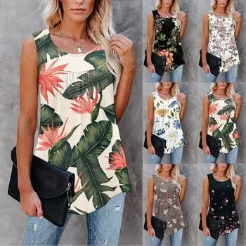 Женская повседневная свободная майка больших размеров с цветочным принтом без рукавов плиссированная футболка