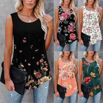 Женская повседневная свободная майка больших размеров с цветочным принтом без рукавов плиссированная футболка XXXL зелёный