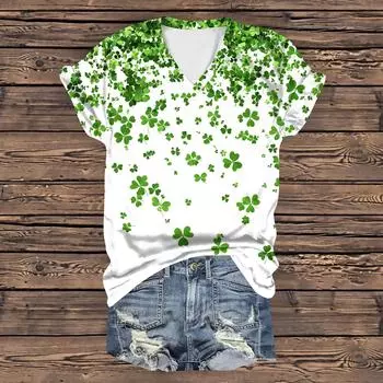 Женская повседневная свободная одежда St. Футболка с короткими рукавами и V-образным вырезом с принтом ко Дню Святого Патрика L армия зеленый
