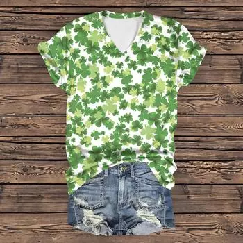 Женская повседневная свободная одежда St. Футболка с короткими рукавами и V-образным вырезом с принтом ко Дню Святого Патрика L армия зеленый