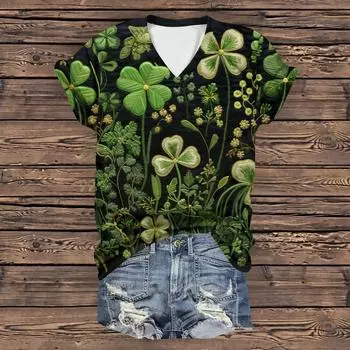 Женская повседневная свободная одежда St. Футболка с короткими рукавами и V-образным вырезом с принтом ко Дню Святого Патрика L армия зеленый
