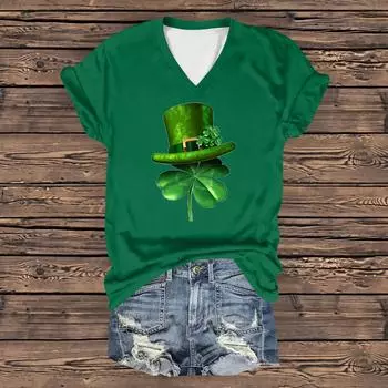 Женская повседневная свободная одежда St. Футболка с короткими рукавами и V-образным вырезом с принтом ко Дню Святого Патрика L армия зеленый