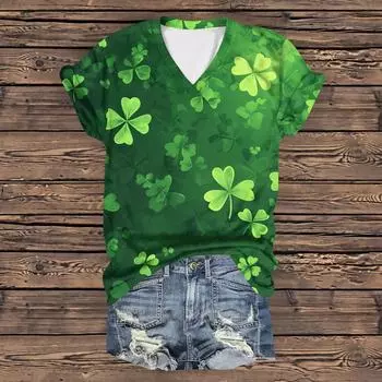 Женская повседневная свободная одежда St. Футболка с короткими рукавами и V-образным вырезом с принтом ко Дню Святого Патрика L армия зеленый