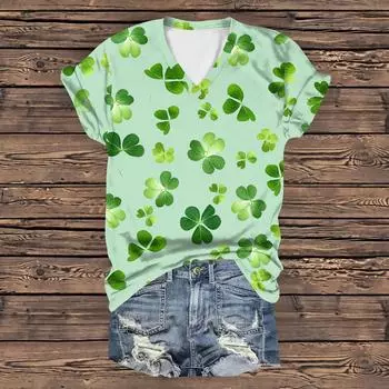 Женская повседневная свободная одежда St. Футболка с короткими рукавами и V-образным вырезом с принтом ко Дню Святого Патрика L армия зеленый