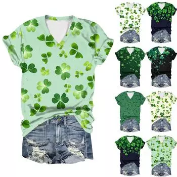 Женская повседневная свободная одежда St. Футболка с короткими рукавами и V-образным вырезом с принтом ко Дню Святого Патрика XXXXXL