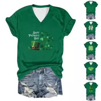 Женская повседневная свободная одежда St. Футболка с короткими рукавами и V-образным вырезом с принтом ко Дню Святого Патрика S