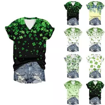 Женская повседневная свободная одежда St. Футболка с короткими рукавами и V-образным вырезом с принтом ко Дню Святого Патрика L