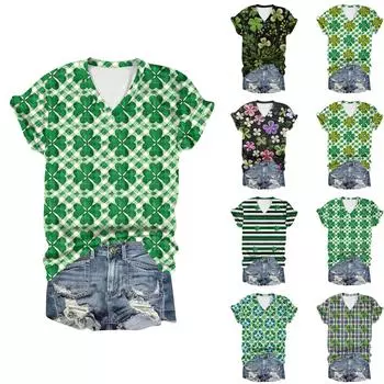 Женская повседневная свободная одежда St. Футболка с короткими рукавами и V-образным вырезом с принтом ко Дню Святого Патрика M