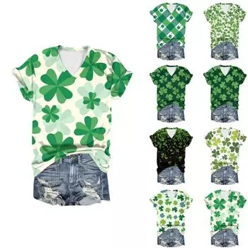 Женская повседневная свободная одежда St. Футболка с короткими рукавами и V-образным вырезом с принтом ко Дню Святого Патрика XXXXL