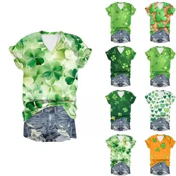Женская повседневная свободная одежда St. Футболка с короткими рукавами и V-образным вырезом с принтом ко Дню Святого Патрика L армия зеленый