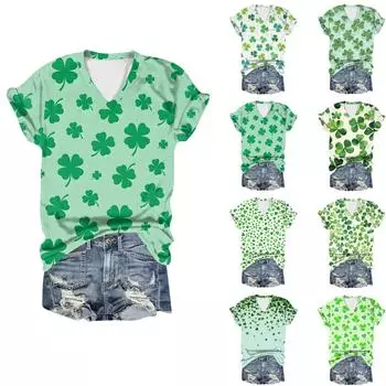 Женская повседневная свободная одежда St. Футболка с короткими рукавами и V-образным вырезом с принтом ко Дню Святого Патрика L армия зеленый