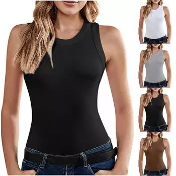 Женская повседневная свободная однотонная футболка без рукавов с круглым вырезом, жилет, майки, топы, блузка L чёрный