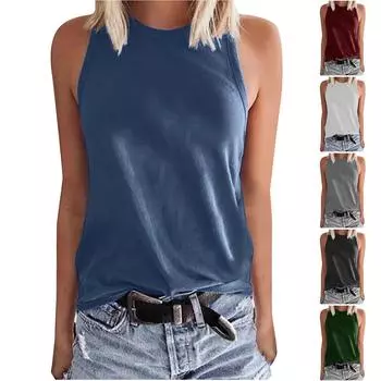 Женская повседневная свободная однотонная футболка без рукавов с круглым вырезом, блузка L чёрный