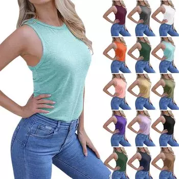 Женская повседневная свободная однотонная футболка без рукавов с круглым вырезом, блузка L армия зеленый