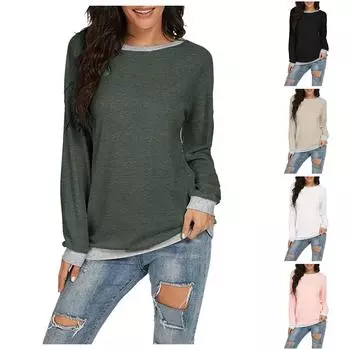 Женская повседневная свободная однотонная футболка с длинными рукавами и цветными блоками с круглым вырезом, топ XXL чёрный