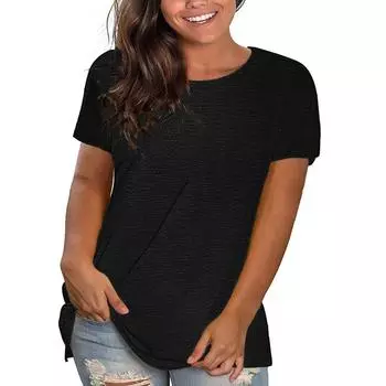 Женская повседневная свободная однотонная футболка с круглым вырезом, пуловер с коротким рукавом, топ L чёрный