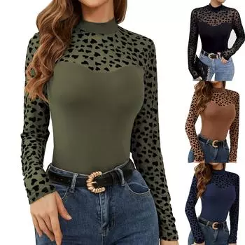 Женская повседневная свободная однотонная сетчатая футболка с длинными рукавами и приталенным кроем L чёрный