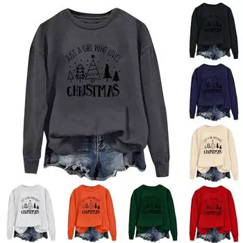 Женская повседневная свободная однотонная толстовка с круглым вырезом и длинными рукавами с принтом рождественских букв XXL бежевый