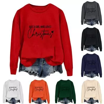 Женская повседневная свободная однотонная толстовка с круглым вырезом и длинными рукавами с принтом рождественских букв L бежевый