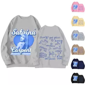 Женская повседневная свободная однотонная толстовка с круглым вырезом и длинными рукавами с принтом S небесно-голубой