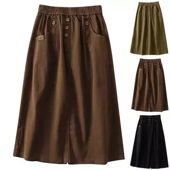 Женская повседневная свободная плиссированная юбка средней длины с высокой талией и карманом на пуговицах L армия зеленый