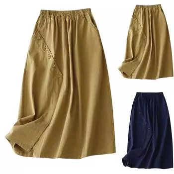 Женская повседневная свободная плиссированная юбка средней длины с высокой талией и карманом на пуговицах L синий