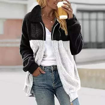 Женская повседневная свободная плюшевая куртка с цветными блоками на молнии с отложным воротником и карманами L чёрный