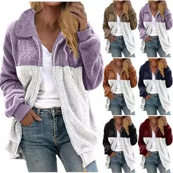 Женская повседневная свободная плюшевая куртка с цветными блоками на молнии с отложным воротником и карманами L чёрный