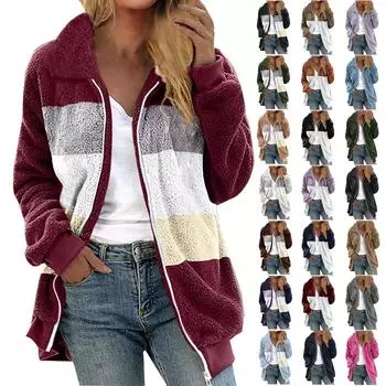 Женская повседневная свободная плюшевая куртка с цветными блоками на молнии с отложным воротником и карманами L армия зеленый