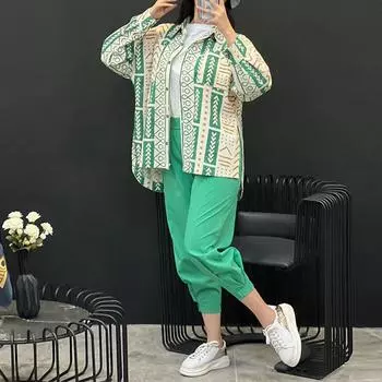 Женская повседневная свободная рубашка большого размера с длинным рукавом из хлопка и льна, комплект из двух предметов S зелёный