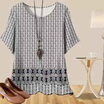 Женская повседневная свободная рубашка для похудения с эффектом старения, женские топы с коротким рукавом и принтом в экзотическом стиле XS чёрный