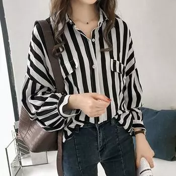 Женская повседневная свободная рубашка с длинными рукавами и пуговицами в полоску, верхняя блузка L чёрный