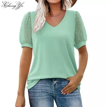 Женская повседневная свободная рубашка с V-образным вырезом и коротким рукавом, футболка S серый