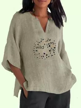 Женская повседневная свободная рубашка, женский топ с v-образным вырезом, модный принт, хлопковые льняные блузки с длинными рукавами 3/4 S синий