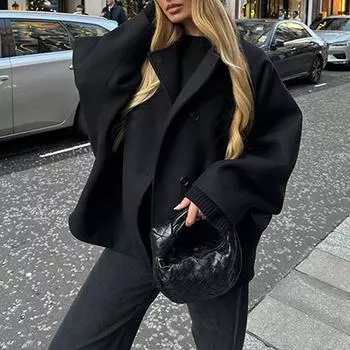 Женская повседневная свободная шерстяная куртка в стиле ретро с двубортным лацканом, короткое пальто, зимнее шикарное уличное темпераментное элегантное пальто S чёрный