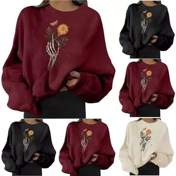 Женская повседневная свободная толстовка большого размера с круглым вырезом и длинным рукавом с принтом Хэллоуина XXL бежевый