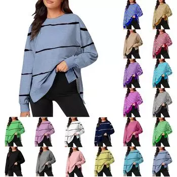 Женская повседневная свободная толстовка-пуловер с принтом в полоску, с длинными рукавами, с разрезом L чёрный