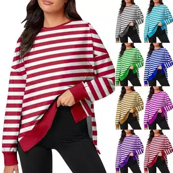 Женская повседневная свободная толстовка-пуловер с принтом в полоску, с длинными рукавами, с разрезом L зелёный