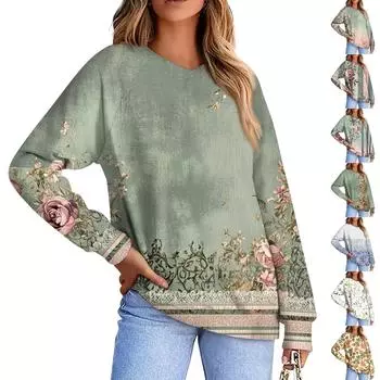 Женская повседневная свободная толстовка с цветочным принтом в полоску и градиентом, с круглым вырезом и длинными рукавами L армия зеленый