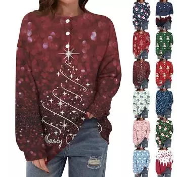 Женская повседневная свободная толстовка с длинным рукавом, пуговицами и круглым вырезом с рождественским принтом XXXL