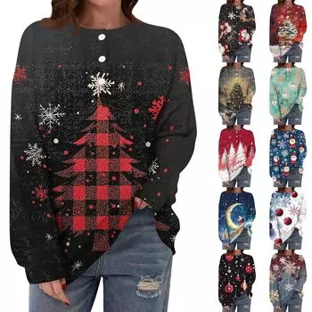 Женская повседневная свободная толстовка с длинным рукавом, пуговицами и круглым вырезом с рождественским принтом S киноварь