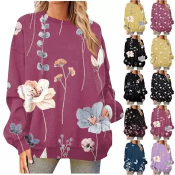 Женская повседневная свободная толстовка с длинными рукавами и круглым вырезом с цветочным принтом XXL чёрный