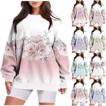 Женская повседневная свободная толстовка с длинными рукавами и круглым вырезом с цветочным принтом и карманом XL