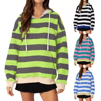 Женская повседневная свободная толстовка с капюшоном и длинными рукавами в полоску с принтом, топ L чёрный